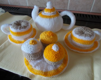 knitted play tea set , Tea for two, Tea party, Play food