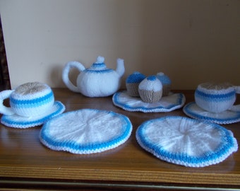 Knitted  white and blue  tea set, Play food. White and blue tea set, Celebration tea set,  tea set
