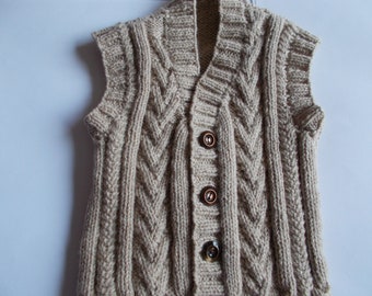 Child's hand knitted  waistcoat , child's  hand knitted  jumper  child's cable waistcoat , Hand knitted Aran waistcoat