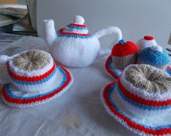 Knitted  red white and blue  tea set, Play food. Red White and blue tea set, Celebration tea set, Royal tea set