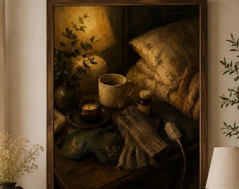 Bedtime Essentials | Funny Arthritis Wall Art Printable | Chronic Pain Bedroom Decor Vintage Oil Painting | Spoonie Gift | Digital Download