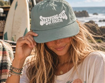 Christian Surf Hat, Stepping Out on Faith Cap, Matthew 14:29, Quick Dry Nylon Snapback Hat, Retro Beach Hat, Christian Gift
