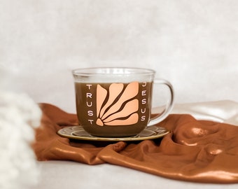 Christian Coffee Mug Trust Jesus Groovy Glass Mug with Handle, Coffee Cup Mug Coffee Cup Boho Coffee Cup Christian Gifts Christian Aesthetic
