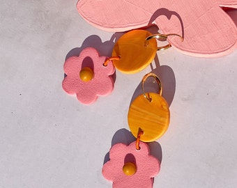 Funky Pink Orange Flower Earrings Flower Jewelry for Girls Colorful Flower Earrings Modern Colorful Jewelry Retro FlowerEarrings