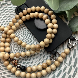 Chaîne de téléphone portable en bois naturel, collier de perles, perles en bois, élégante, robuste, stable avec mousqueton et insert pour étui/patch de téléphone portable.