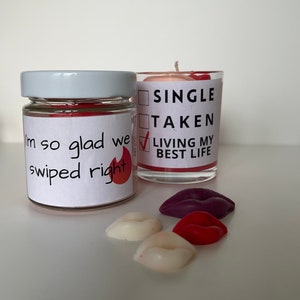 Divertido regalo de vela de cera de soja Tinder. Bonita idea de regalo de San Valentín o aniversario para novio o novia. Regalos de inauguración.