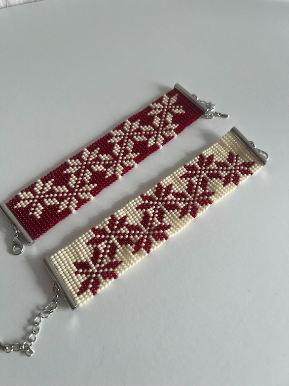 Handmade Latvian Ethnic symbols in loom bead bracelets. Auseklītis. Auseklis. The Guardian sign. Traditional Latvian Ethnic Symbol Jewelry.