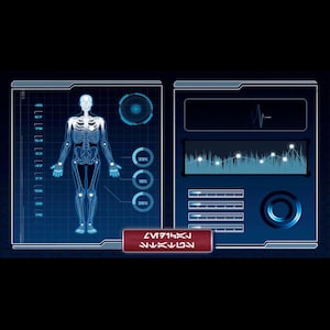 Könnte beinhalten: Ein blaues digitales Display mit einer Skelettfigur in der Mitte. Das Display zeigt eine Herzfrequenz, ein Diagramm und drei Kreise mit Prozentangaben. Der Text "SYSTEM SIMULATION" befindet sich am unteren Rand des Displays.