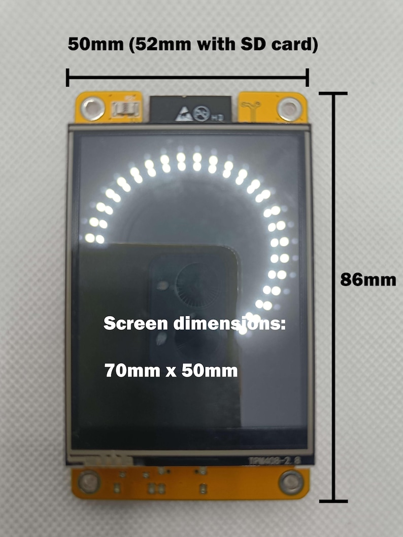 May include: A small, rectangular, black and white screen with a white circular arc display. The screen is mounted on a yellow circuit board with a white label that reads "ПРИ408-2.8". The screen measures 70mm x 50mm and is 86mm tall.