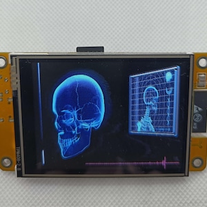 May include: A small, blue and black LCD screen displays a blue image of a skull and a blue image of a skeleton. The screen is mounted on a small, yellow circuit board with a black connector.