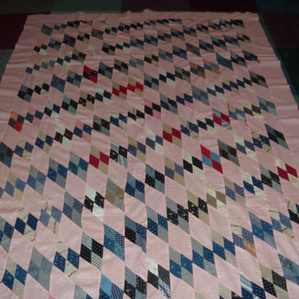 Antique 1800's Pink and Blue Diamond Quilt Top