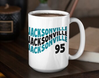 Jacksonville 95 Ceramic White Coffee Mug, Modern Jax Florida Gift, Black and Teal, for Jacksonville Fans (11oz, 15oz)