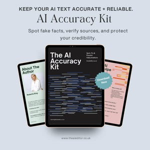 Könnte beinhalten: Werbung für das "AI Accuracy Kit" auf drei Tablets. Das zentrale Tablet zeigt den Titel mit dem Text "Spot fake facts, verify sources, and protect your credibility." Die anderen Tablets zeigen Inhalte über den Autor und KI.