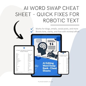 Könnte beinhalten: Ein Bild von drei digitalen Geräten, die Text anzeigen. Der Text lautet: "AI WORD SWAP CHEAT SHEET - QUICK FIXES FOR ROBOTIC TEXT." Das Bild enthält auch den Text "AI Editing Word Swap Bank - Cheat Sheets" und "humanisedit.co.uk."