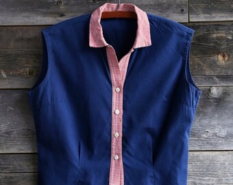 Navy Blue Tank Top Red Stripe . Sleeveless Blouse