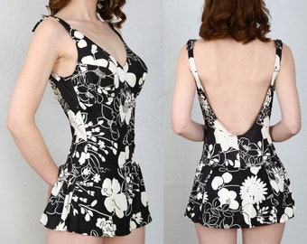 SALE Vintage Swim Suit Black and White Floral Print