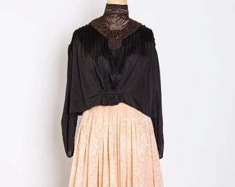 Victorian 1899 'Chas A Stevens' Black Blouse Top . Pink Shimmer Skirt w. Gold Paint