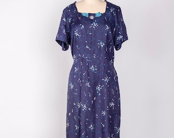 SALE 1950s Blue Floral Edith Martin Dress with Bow Brooch