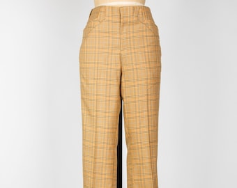 1970s Plaid Pants . Wide Leg . Mustard Yellow