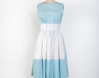 Mid Century Blue and White Cotton Dress