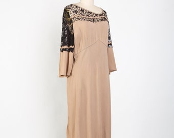 1930s Black  & Tan Lace Dress Bell Cuffs Size Medium