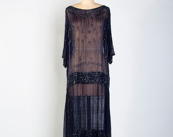 1920s Silk Beaded Gown Dress