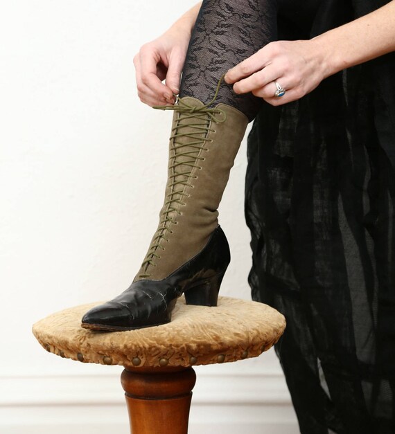 SALE 1800s Victorian Suede Boots Calf Length - image 1