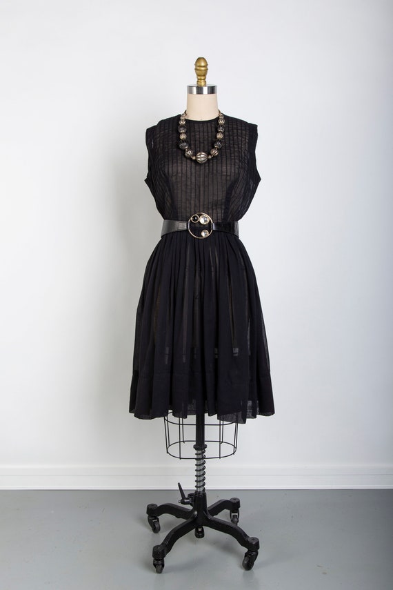 Black Pin Tuck Mid Century LBD Dress - image 7