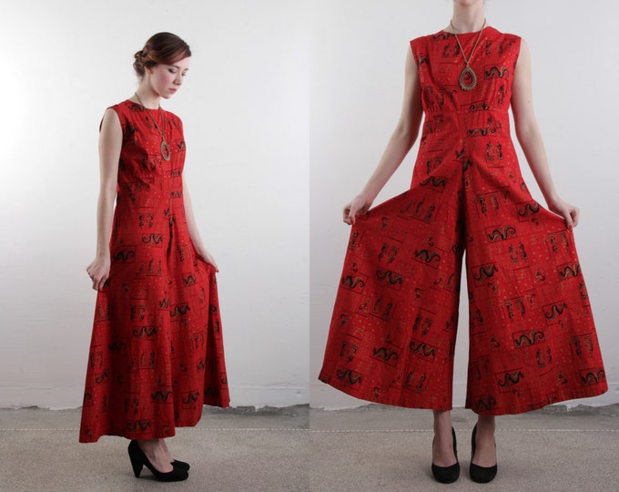 1960s Red Jumper . One Piece . Asian Print Pants Suit . Gold Etsy
