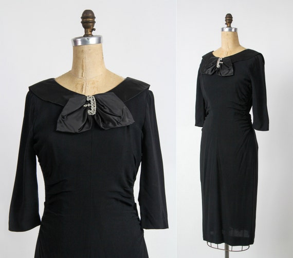 1950s Black Dress Faux Diamond & Satin Panel - image 1