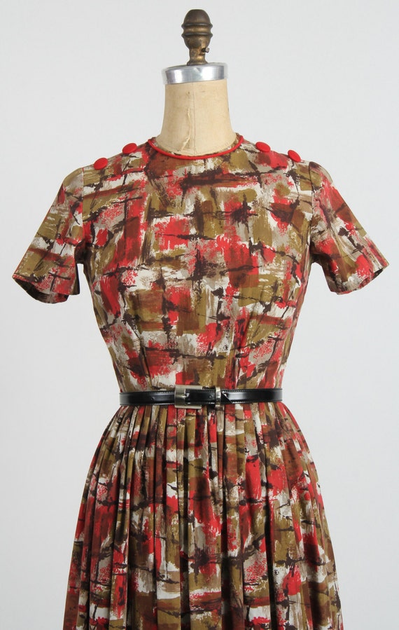 Red Brown Dress Abstract Print Mid Century Frock - image 3