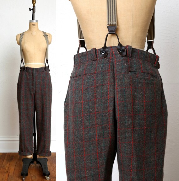 Vintage Wool Pants . Red Green Plaid