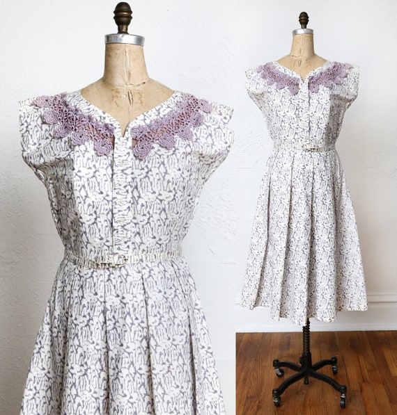 Purple Mid Century Day Dress Lace Neck