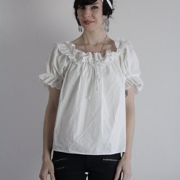 Vintage Blouse . White Eyelet Lace . Ruffle Drawstring . 1960s Spanish Style Top . Off The Shoulder