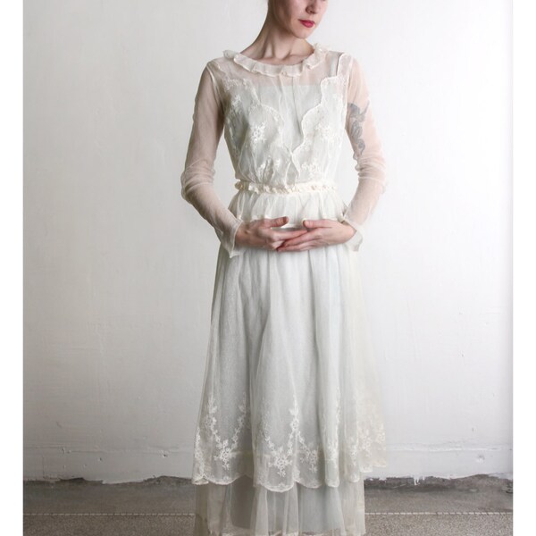 Antique Mesh Dress . Edwardian Gown . 1910s Bridal Wedding Attire