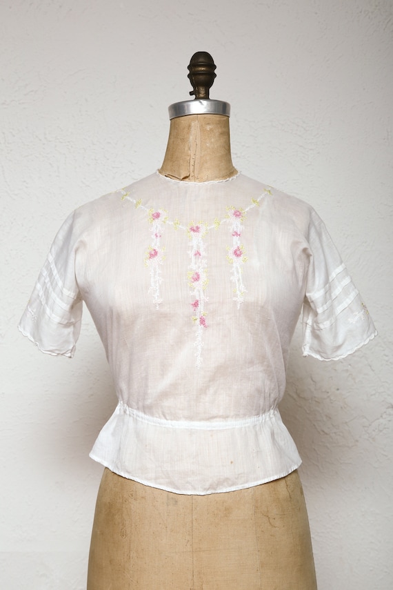 Embroidered Antique Top 1910s Cotton Blouse