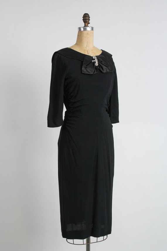 1950s Black Dress Faux Diamond & Satin Panel - image 5