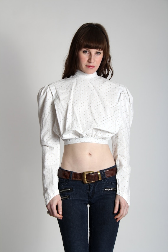 Victorian Polka Dot Top . White Cotton Blouse