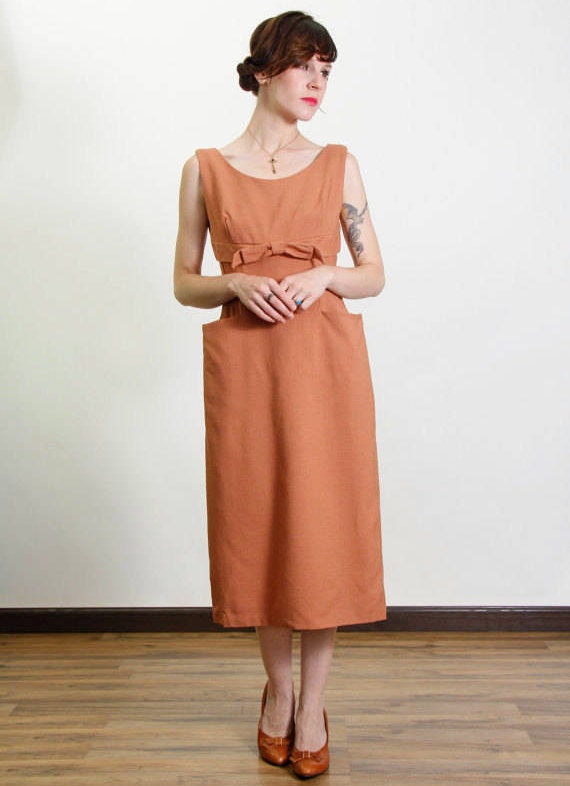 1960s Linen Dress Pockets & Bow - image 2
