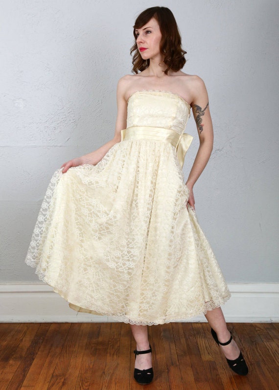 Lace & Satin Dress . Strapless Gown