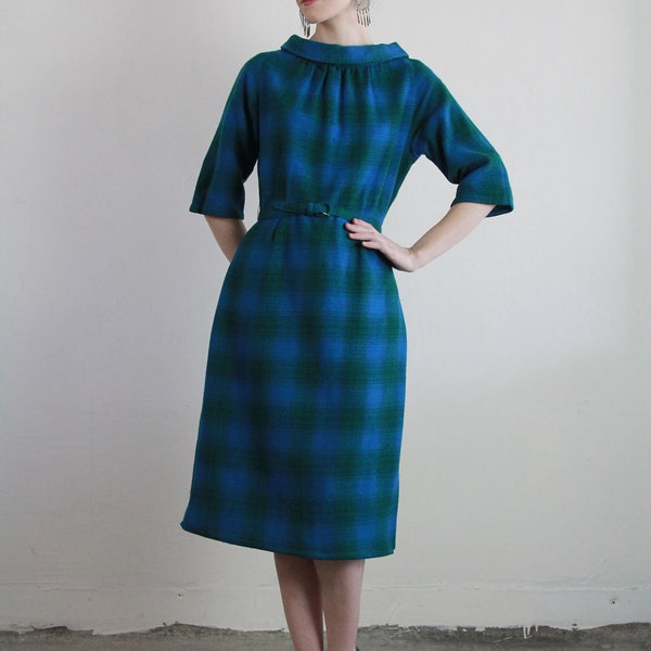 1960s Plaid Dress . Teal Wool Shirtwaist . Mad Men Classic Daydress