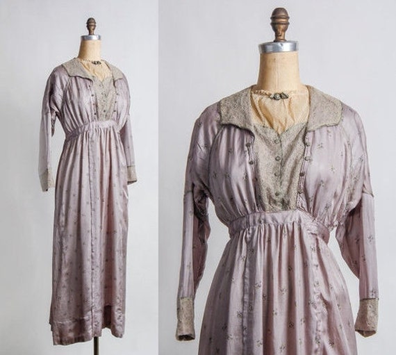 Antique Silk Gown . Lilac Dress . Lace . Pre 1910s