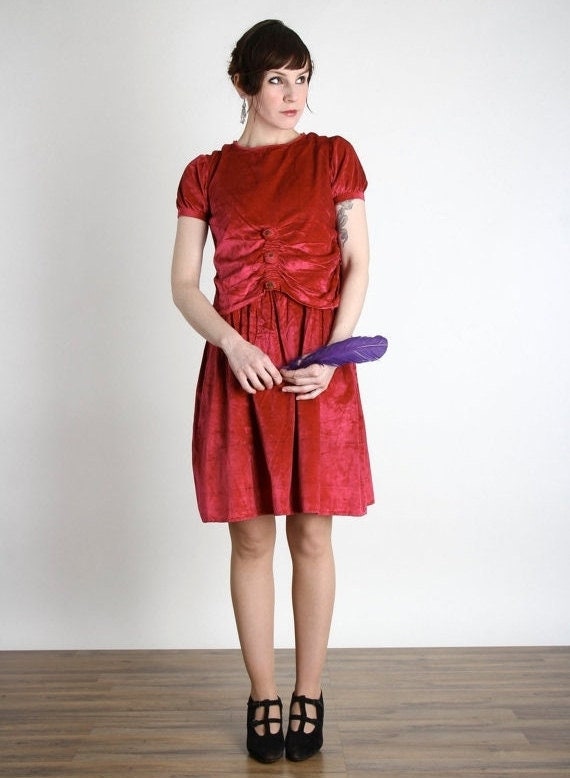1920s Velvet Flapper Dress . Magenta . Small XS