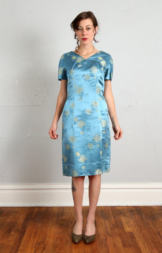 1960s Satin Dress Asian Wiggle in Blue - Gem
