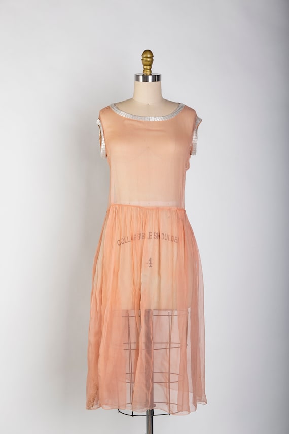 1920s Pink Slip Dress Sheer Beaded Sleeveless Gown - image 1