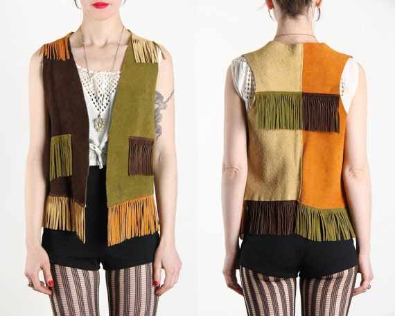 Suede Color Block Vest . 70s - Etsy