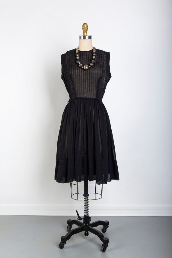 Black Pin Tuck Mid Century LBD Dress - image 1
