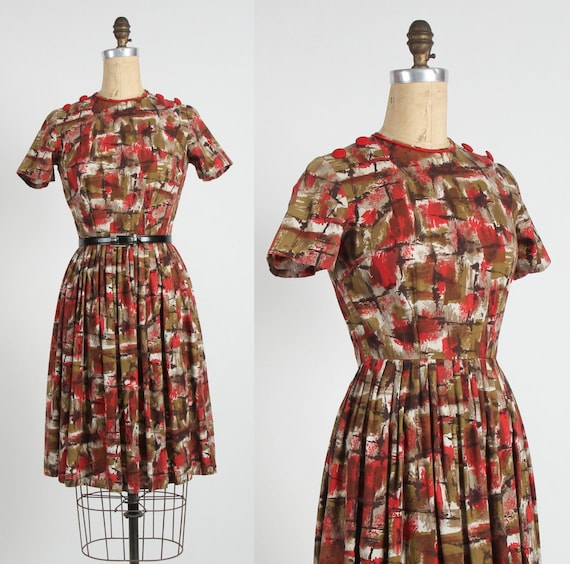 Red Brown Dress Abstract Print Mid Century Frock - image 1