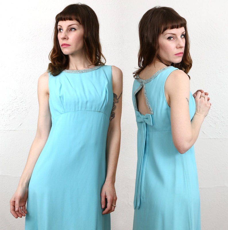 SALE 1960s Open Back Dress . Robins Egg Blue image 1