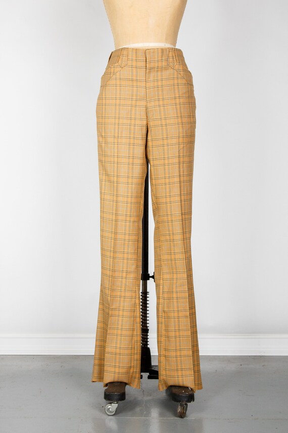 1970s Plaid Pants . Wide Leg . Mustard Yellow